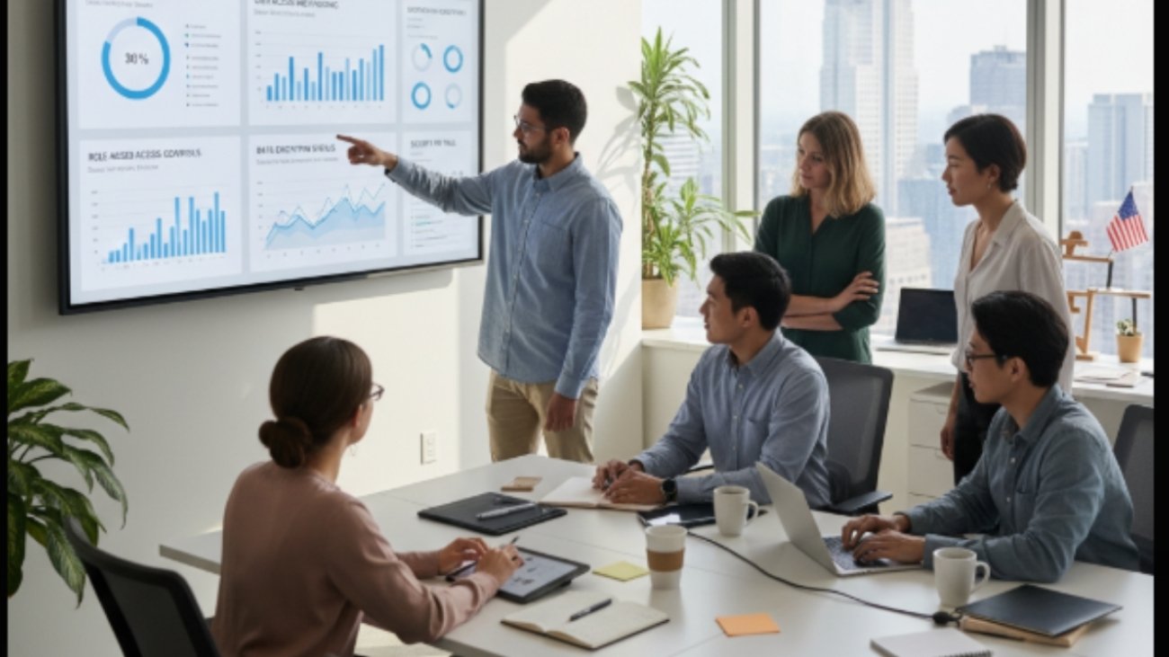 Generate em image for : Team working in office Power BI Security Best Practices Dashboards: in USA